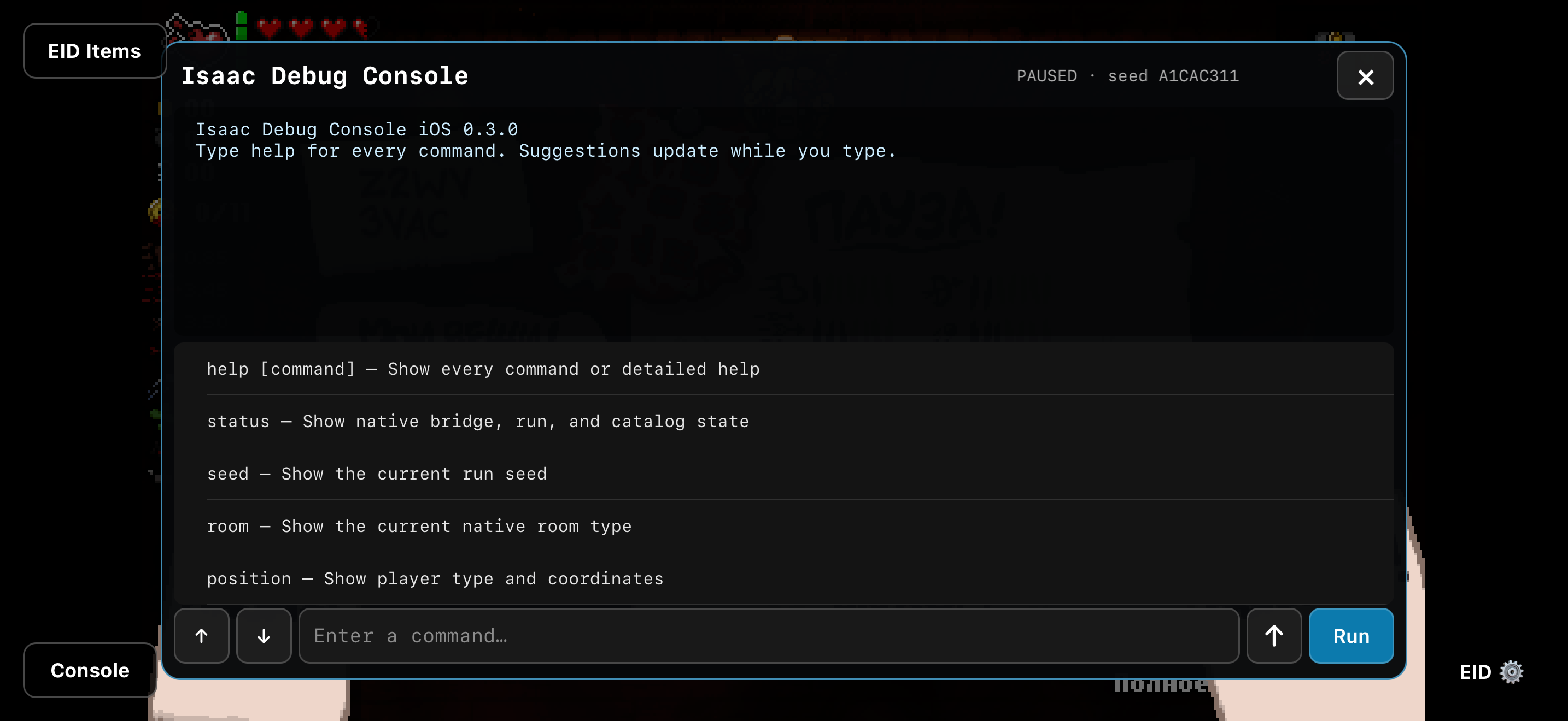 Isaac Debug Console open over native iOS gameplay with command input and suggestions